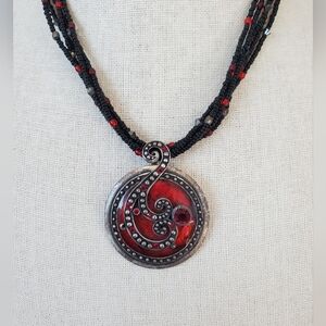 Chico's Red Enamel Multi Strand Swirl Pendant Necklace